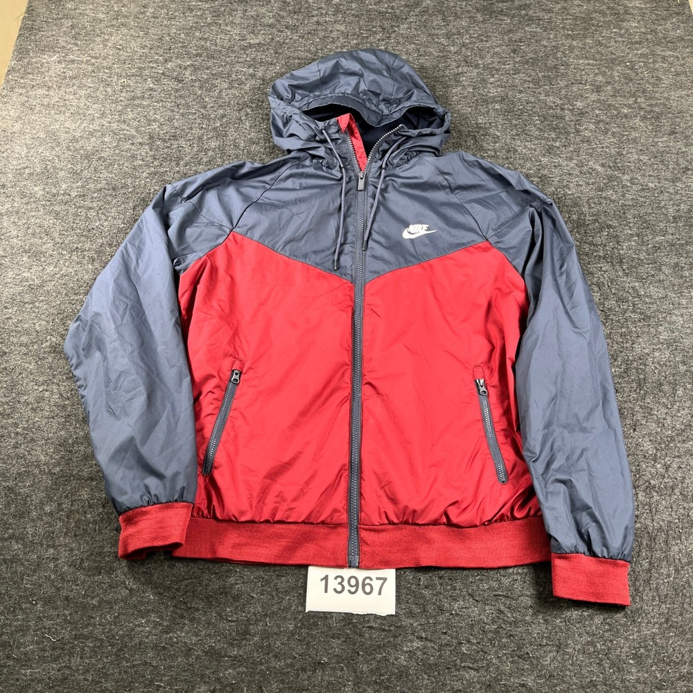 Nike Windbreaker Jacket Mens Medium Red Blue Long Sleeve Hooded Full Zip Outdoor